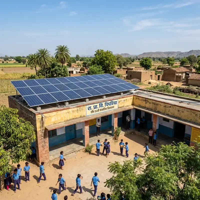 Solar panels on village school rooftop in India